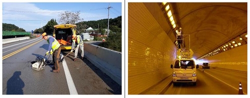 ◇도로 포트홀(파임) 보수 모습(사진 왼쪽)과 터널 정비 모습(오른쪽). /사진=국토부 제공